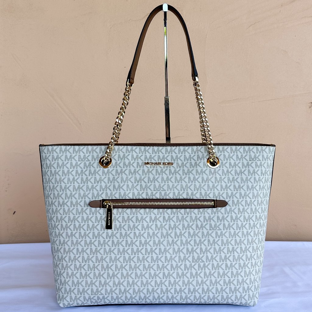 Michael Kors Jet Set Item Large Front Pocket Shoulder Chain Tote Bag Mk Vanilla